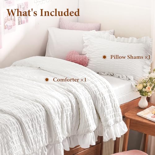 Image of JOLLYVOGUE White Twin /Twin XL Comforter Set, 2 Pieces Seersucker Lightweight Fluffy Bedding Set, Twin Ruffle Comforter, All Season Soft Microfiber Shabby Chic Bed Set
