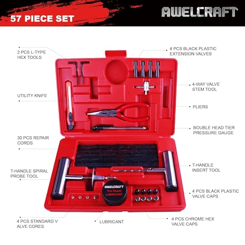 Image of AWELCRAFT 57-Piece Heavy Duty Tire Repair Kit - Flat Tire Plug Kit with T-Handle Tools, Storage Case - Universal for Truck, Car, Motorcycle, Jeep