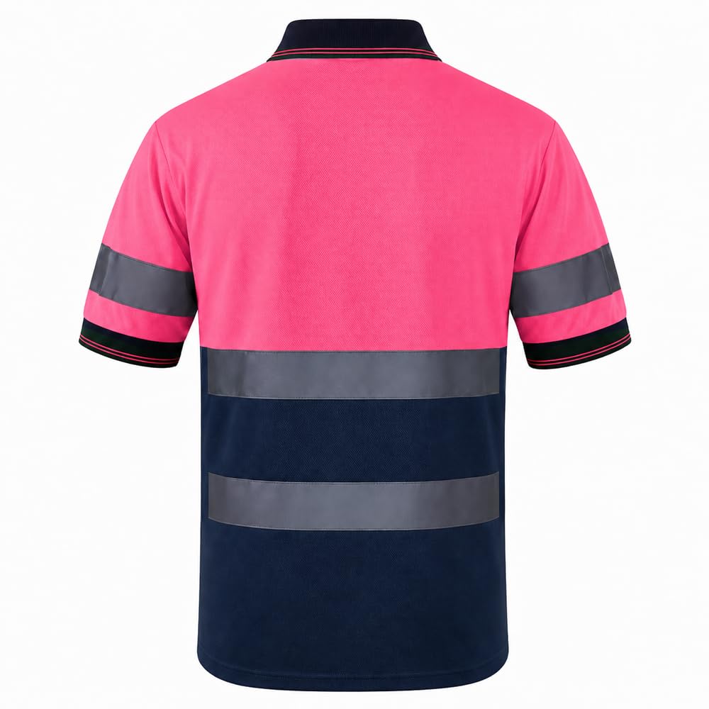 SMASYS Polo de seguridad, construcción reflectante, ropa de trabajo de alta visibilidad, camisetas con bolsillos para mujeres y hombres, rosa- azul marino, 5XL