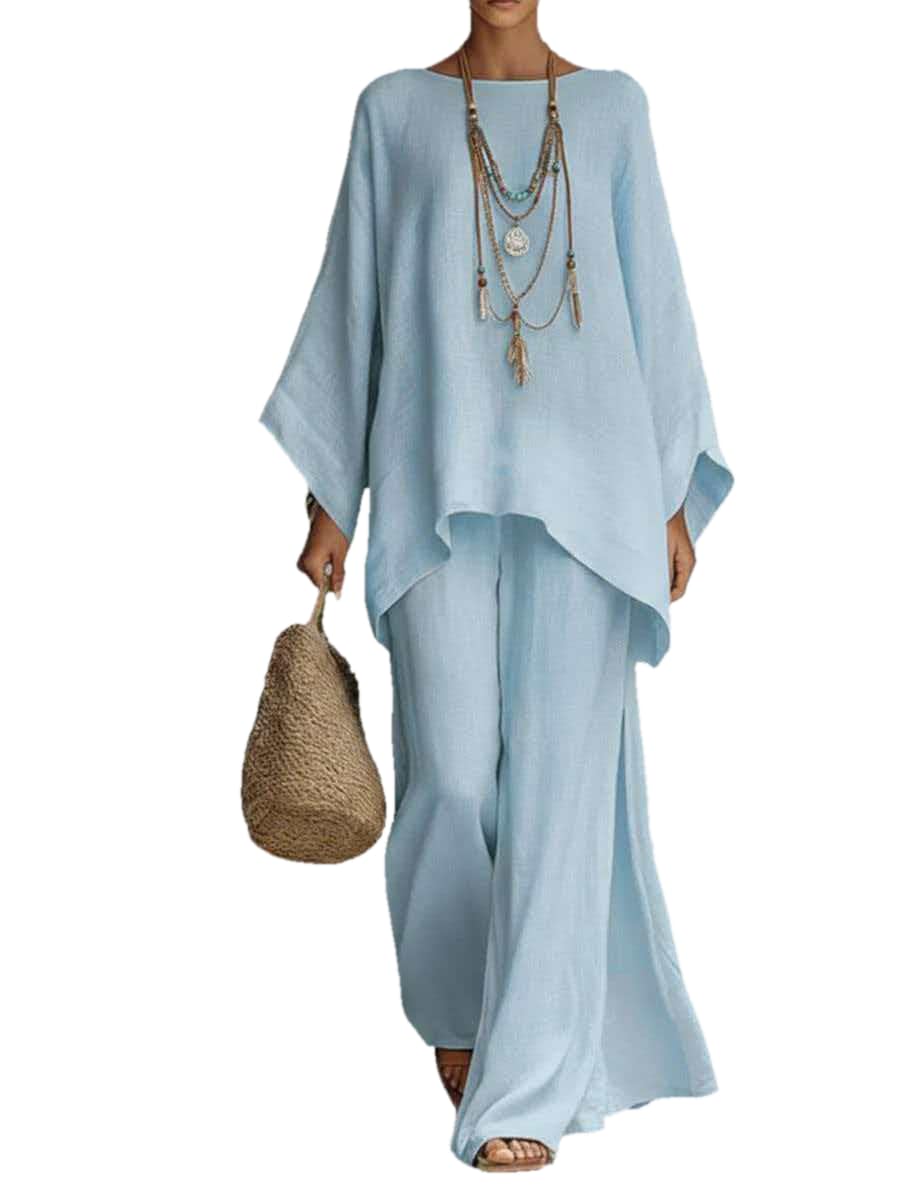Damen Hosenanzug Elegant 2 Teiler Set Weites Hemd und Weite Hose Sommer Outfits Sets Festlich Abendanzug Einfarbig Freizeitanzug Outfit