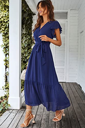 PRETTYGARDEN Women's Summer Floral Boho Maxi Dress Wrap Short Sleeve V Neck Ruffle A-Line Flowy Wedding Guest Long Dresses