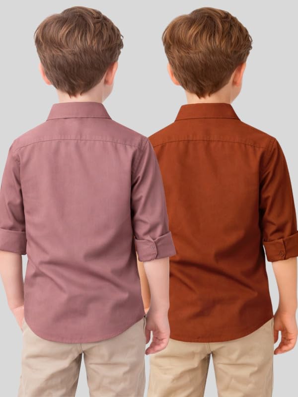 Image of YYQ Pack of 2 Boys Solid Cotton Blend Shirts - Full Sleeve Casual, Soft & Comfortable Spread Collar Shirts for Boys