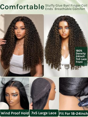 Image of KLAIYI Ombre Brown Burmese Curly Pre Cut 7x5 Lace Front Wigs Human Hair 18 inch | Bye Bye Slip Glueless Drawstring Wig Finger Coil End Black to Chestnut Brown Pre Plucked Bleached Knots Ready to Wear Go Wig
