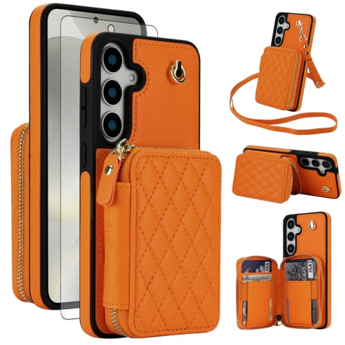 Asuwish Phone Case for Samsung Galaxy S24 Plus S24+ 5G Wallet Cell Cover with Screen Protector Wrist Crossbody Strap RFID Blocking Credit Card Holder S24Plus 24S + S 24 24+ SM-S926U Women Girls Orange