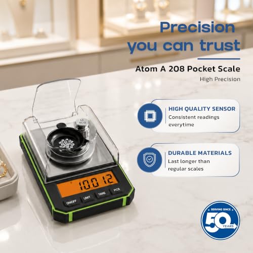 Image of ATOM A208 Digital Pocket Weighing Scale | Small Weight Machine for Jewellery, Gold, Kitchen & Gram Measuring | High Precision with Tare, Unit Conversion & Weighing Pan, LCD Backlit Screen, Pocket Size