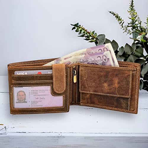 Personalised Custom Engraved RFID Blocking Wallet for Men - Genuine Distressed Leather Coin Pocket Wallet - Customised Gift for Dad, Boyfriend, or Husband (Brown, Text Engraved)2