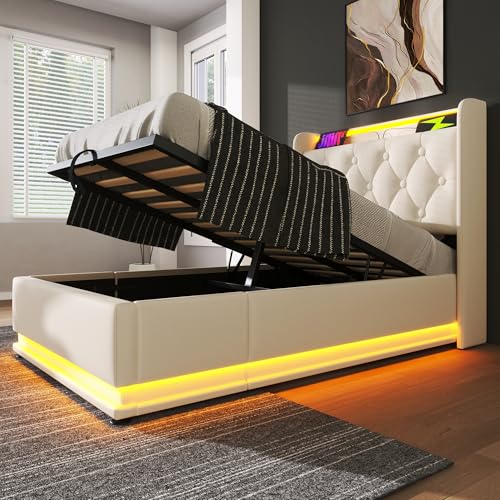 Kayan Polsterbett 90x200 cm, LED Einzelbett mit Stauraum und Lattenrost, Polster Kopfteil mit Regal und USB Typ-C Ladefunktion, Hydraulisch Stauraumbett Bettgestell (Weiß, 90x200cm) Kayan Polsterbett 90x200 cm, LED Einzelbett mit Stauraum und Lattenrost, Polster Kopfteil mit Regal und USB Typ-C Ladefunktion, Hydraulisch Stauraumbett Bettgestell (Weiß, 90x200cm)