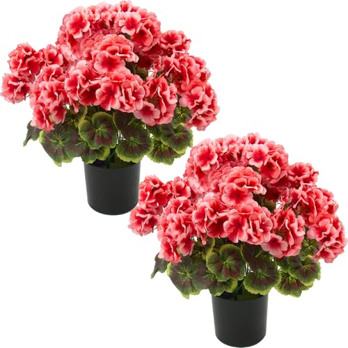 lovemoon 2 Pcs Potted Peach Geraniums Artificial Flowers for Outdoor Decor