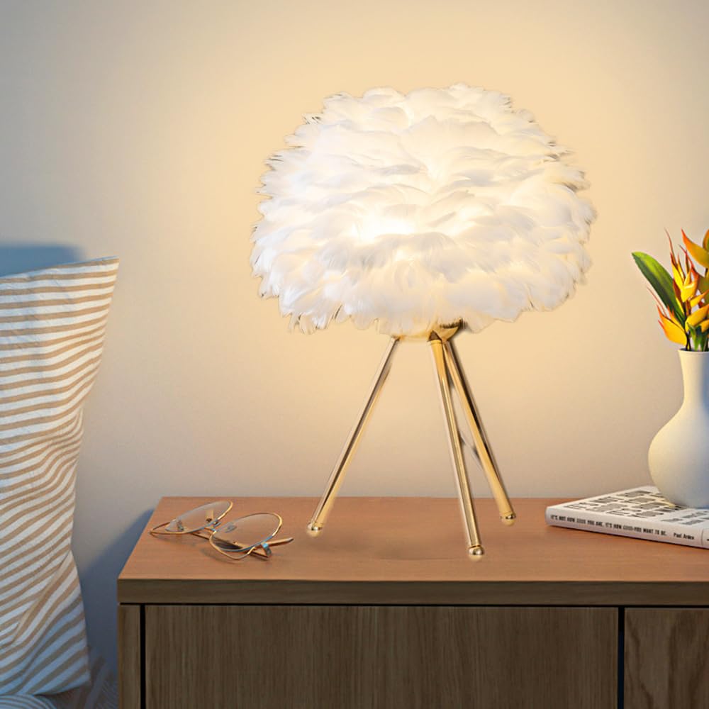 XINYASEE Lampe de Table,lampe de chevet en Plumes d'oie, Douille E27,Corps de lampe à support métallique, 5 couleurs disponibles, Abat-jour en plume d'oie, Lampes de Bureau Design Moderne (Blanc)