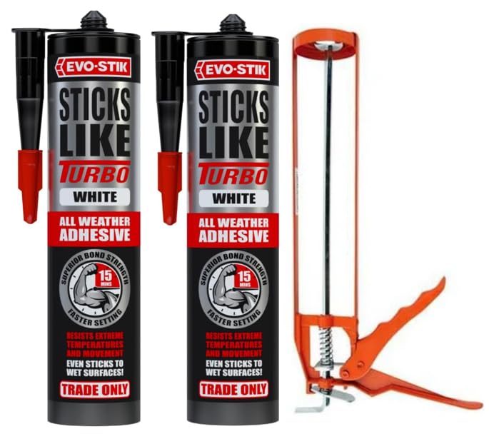 Evo Stik Sticks Like Turbo Grab Adhesive & Sealant, Heavy Duty All Weather Waterproof, Fast Drying, White, 2x290ml Caulk Cartridges + Silicone Gun