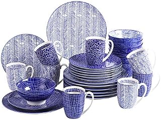 vancasso Takaki Porcelain Dinner Set for 8, Japanese Style Crockery Blue Dinnerware Tableware , 32 Pieces Dinner Service with Dinner Plates, Dessert Plates, Cereal Bowls and Mug