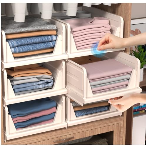 CTSNSLH 6 Pack Stackable Plastic Storage Basket, Closet Organizer Bin,Foldable Clothes Organizer Storage Drawer, Shelf Container (Light Beige-6Pack)