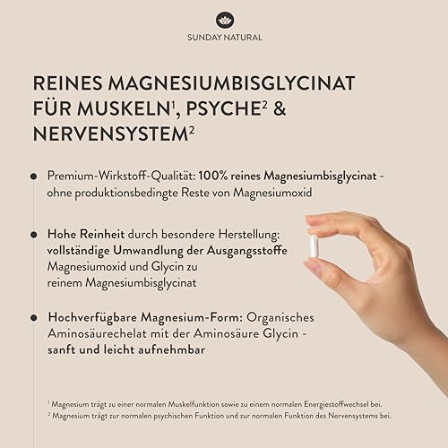 SUNDAY NATURAL® Magnesium Bisglycinat Premium - 240 Kapseln - 150mg reines Magnesium Glycinat Tagesdosis - Magnesiumglycinate als organisches Aminosäurechelat – Laborgeprüft, vegan
