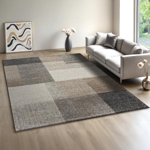 Mia´s Teppiche Modena - Moderner Kurzflor Teppich, Wohnzimmer & Schlafzimmer, weich & pflegeleicht, geometrische Muster, Kariert, Beige, 140 x 200 cm