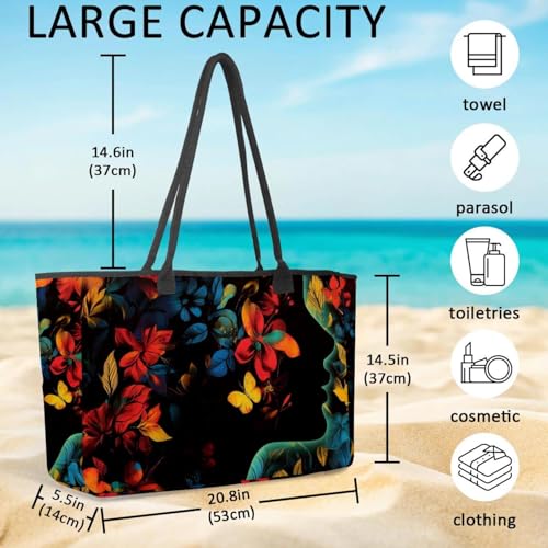 Large Beach Bag for Women, Colorful Flowers Pattern Travel Tote with Pockets Waterproof Shoulder Handbag4