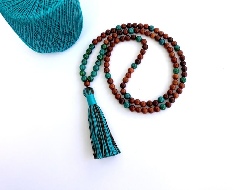 Cuentas de madera marrón oscuro natural, cuentas Mala de piedra crisocolla auténtica, collar 108 Mala, mala anudada, collar WWG, joyería de yoga, cuentas de meditación, joyería