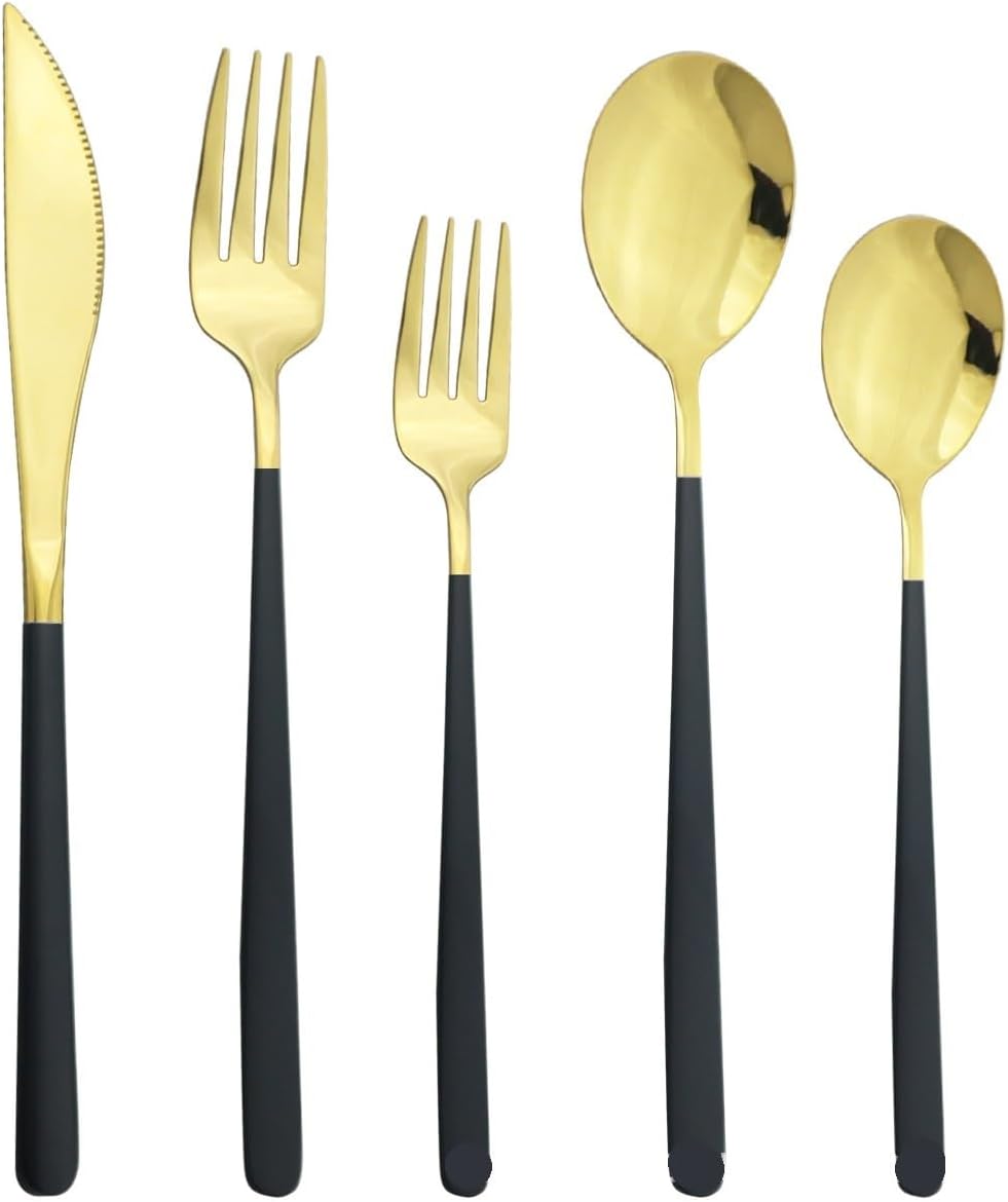 Silverware Flatware Set, 5/20/30/40/50/60 Pieces White Silver 304 Stainless Steel Spoons Thickened Long Handle Hotel Stirring Spoon Coffee Spoon Spoon Tableware Soup Spoon (Color : Black G