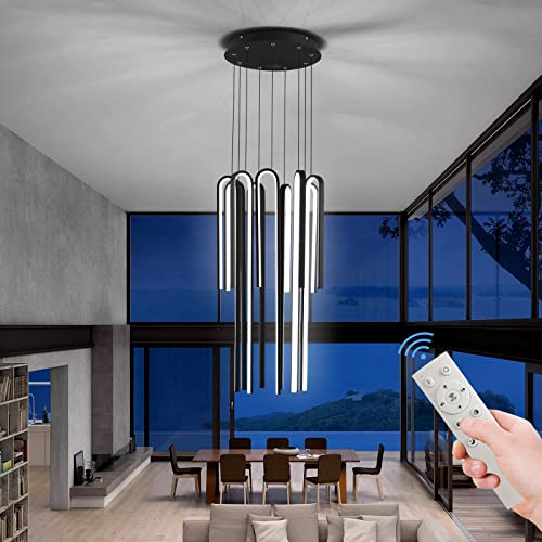 Black Modern Chandelier,9-Light Dimmable Modern Led Chandeliers Hanging Linear Pendant Light Adjustable Height For High Ceiling Living Room Foyer Contemporary Light Fixtures With Remote Control #TOP1