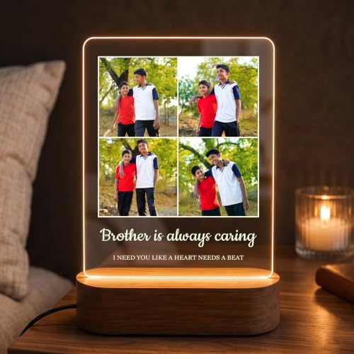 Image of Giftplease Personalized Acrylic Photo Night Light with Wooden Base - Custom Picture Collage LED Lamp, Sentimental Birthday Gifts for Brother, Siblings, Best Friend - Engraved Warm Bedside Desk Decor