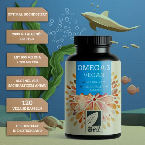Omega-3 Vegan 120 Kapseln hochdosiert, 2000mg Omega-3 Algenöl pro Tag mit 600mg DHA & 300mg EPA, veganes Omega aus nachhaltigem Anbau als Fischöl-Alternative, laborgeprüft mit Zertifikat, NatureWell 2