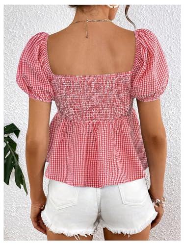 SweatyRocks Women's Puff Sleeve Plaid Gingham Ruffle Sweetheart Neck Peplum Shirt Top Blouse2