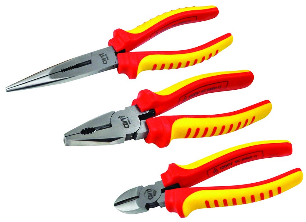 Zestaw szczypiec izolacyjnych 1000 V - zestaw 3-częściowy, zestaw zawiera szczypce kombinowane - 180 mm (7"), obcinacz boczny - 160 mm (6 "), szczypce z długim nosem - 200 mm (8 "), zestawy szczypce narzędzia