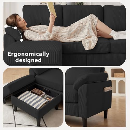 Image of 80''L Shaped Sectional Sofa Couch, 3 Seater Corduroy Sofa with Storage Ottoman, Removable & Washable Cushion Covers, Side Pockets, Modern L Couch for Living Room, Black