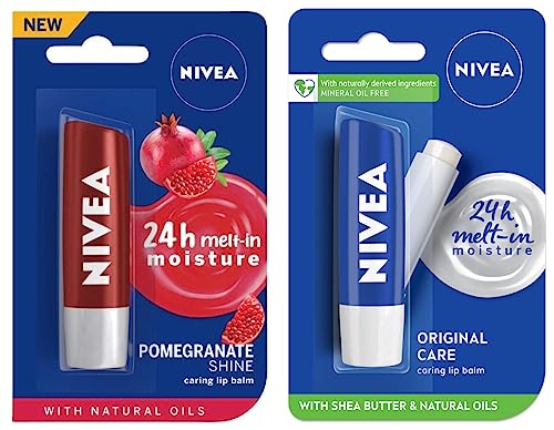 NIVEA Lip Balm, Original Care, 4.8g and NIVEA Lip Balm, Pomegrana...