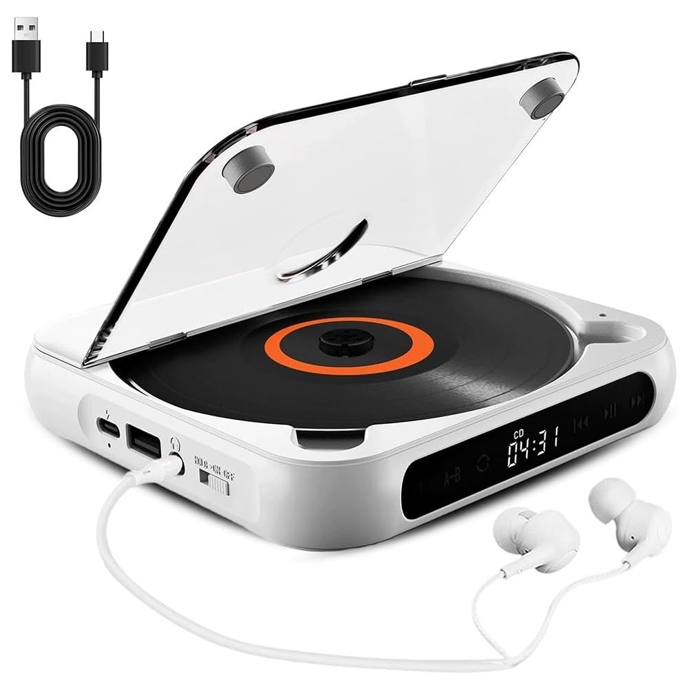 Fi Reproductor de CD portátil, funciona con batería recargable, reproducción de música inalámbrica y con cable, diseño compacto y ligero para viajes en casa