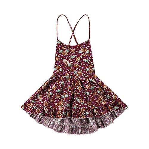 Toddler Kids Infant Baby Girl Floral Halter Backless Sleeveless Ruffle Mini Dress (1-2 Years) Purple Red