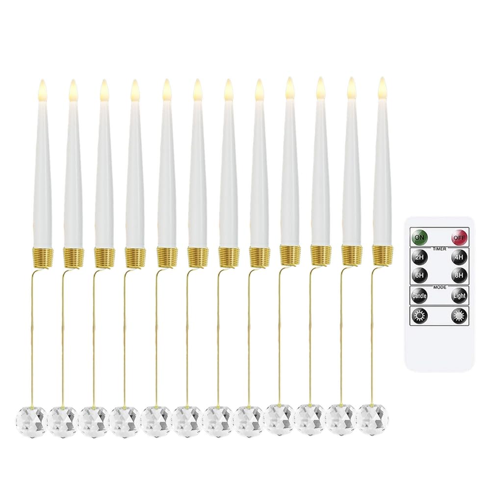 CTRLZS 12pcs Flickering Remote with 12 Crystal Ball Hooks for Christmas Tree Flickering LED Candles Flameless Warm Light Candlesticks