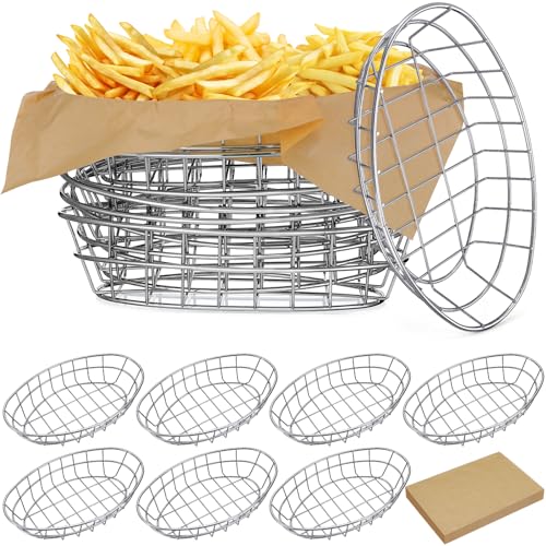 Hushee 12 Pcs Wire Bread Basket 9.5 x 6.2 x 2.2 Inch Oval Metal Dinner Roll Baskets for Serving Fruit Bowl Basket Storage with 50 Sheets Deli Wrappers Paper for Kitchen Table Fast Food Burger (Silver)