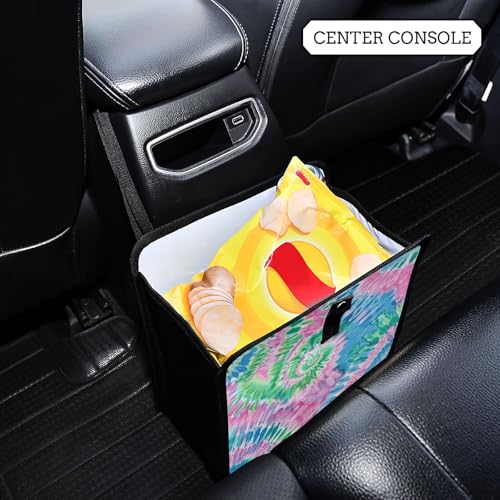 Image of Car Trash Can Organizer Bin with Adjustable Strap for Back Front Seat Console Waterproof Leakproof Collapsible Portable 11 Inch Tie Dye Blue Green Pink