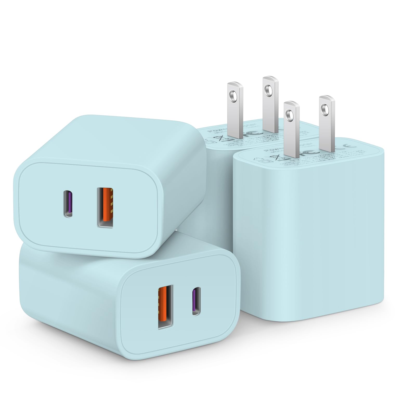[4 Pack] USB C Charger Block Fast Charging Multiport Adpater [PD 20W USB-C & QC 3.0 USB-A Port] for i Phone 17/16/15/14/13/12/11/X/8, i Pad, Galaxy, Google, Galaxy & More [Blue]