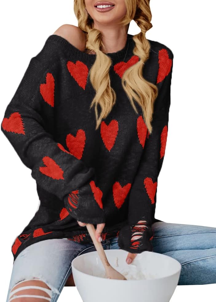 Tutorutor Womens Cute Love Heart Print Sweaters Oversized Off The Shoulder Loose Knitted Valentine Pullover Blouse Top - Image 3