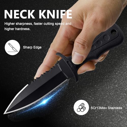 2Pcs Neck Knife Kette 121mm Outdoor Ketten Messer Edelstahl mit Gezackt mit Kunststoffscheide und Kugelkette für den Einsatz im Freien Selbstverteidigung