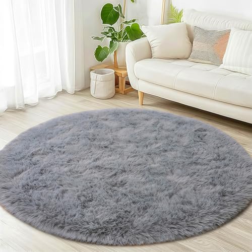 Grey Round Rugs for Bedroom 4x4 ft - Ultra Soft Faux Fur Area Rug - Plush Non-Slip Shaggy Carpet for Living Room, Cozy Fluffy Rug for Kids Boys Girls Dorm Nursery Room, High Pile Floor Carpet