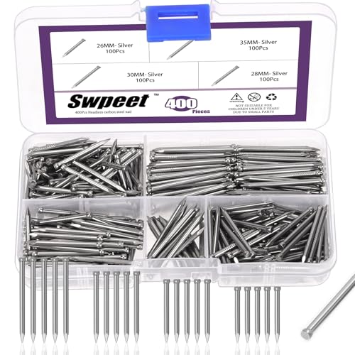 Swpeet Kit di 400 chiodi per finitura argento, 4 misure, 26/28/30/35 mm, kit assortito di chiodi con testa in acciaio al carbonio, per appendere quadri, legno, telaio, gesso e pareti in cemento