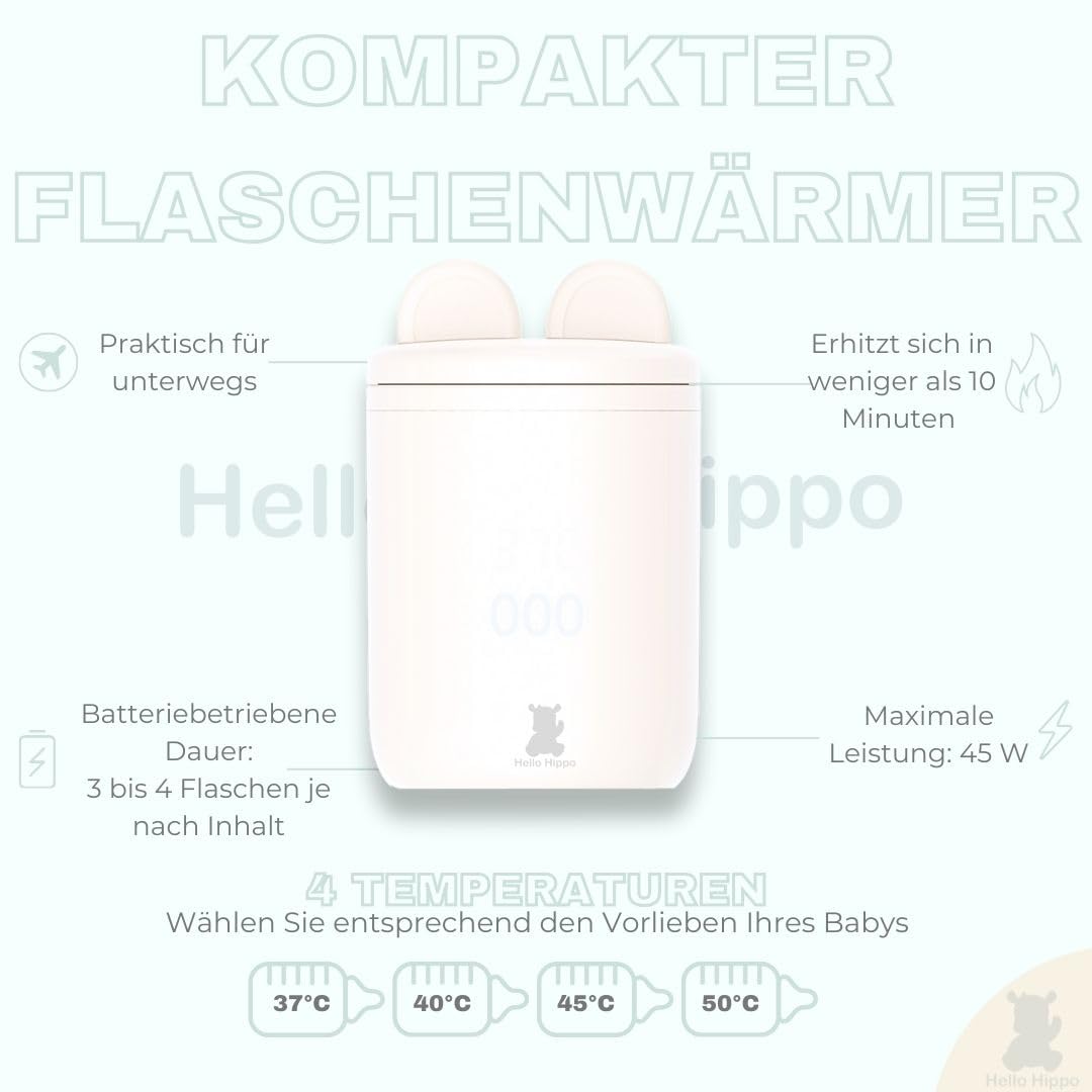 Hello Hippo - Kompakter und tragbarer Flaschenwärmer: USB-C wiederaufladbar, auslaufsicher, kompatibel mit Philips Avent, MAM, NUK | 4 einstellbare Temperaturen | schnelles und effizientes Aufheizen