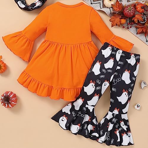 Kayotuas Toddler Baby Girl Halloween Outfit Ghost Ruffle Long Sleeve Shirt Tops + Striped Bell Bottoms Pants Set3