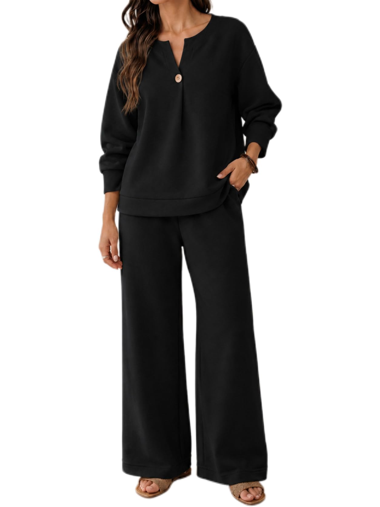 Conjunto de 2 piezas para mujer, sudadera de manga larga con cuello en V y botones, pantalones de pierna ancha a juego, ropa de viaje