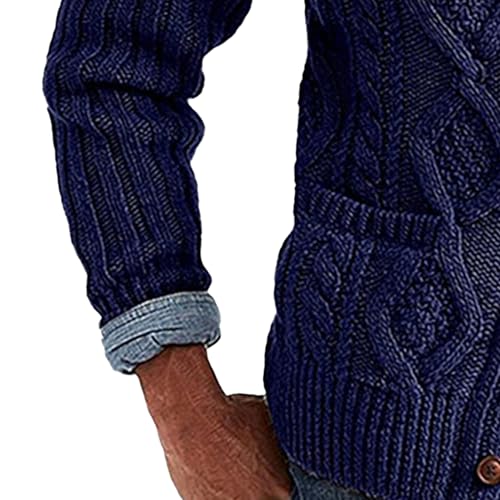 Mens Twists Knitted Sweater Cardigan Cable Knit Shawl Collar Loose Cardigans Stand Collar Cable Knit Button Sweaters (Navy Blue,X-Large)4