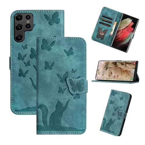 Refilerss Flip Case for Samsung Galaxy S25 Ultra PU Leather Wallet Case with Card Slot Magnetic Clasp Stand Function Cover Cat Butterfly Pattern - Green