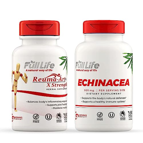Full Life Reuma-Art X Strength and Echinacea Capsules - Joint Support Supplement - Echinacea Purpurea Extract - Kosher, Gluten-Free - 90 Veggie Capsules Each