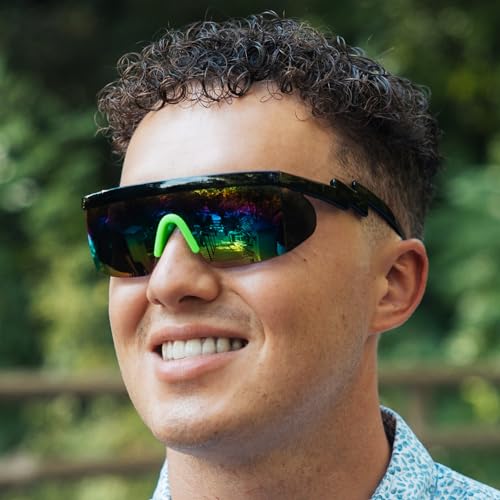 Image of ShadyVEU Semi Rimless Neon Rainbow Sunglasses Mirrored Lens UV Protection 80s Retro Rave Shades Crooked ZigZag Bolt Arm