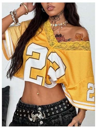 Image of RoseSeek Women's Lace Mesh Jersy Shirts V Neck Off Shoulder Crop Tops Tee