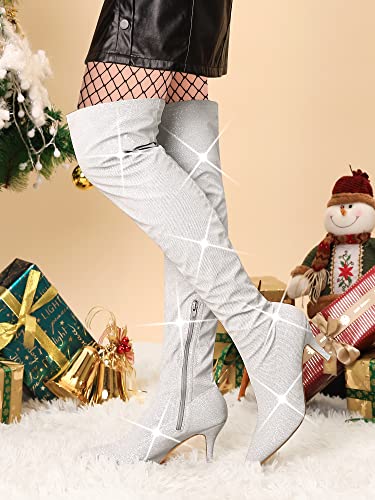 Allegra K Women's Glitter Pointed Toe Stiletto Heels Over the Knee High Boots2