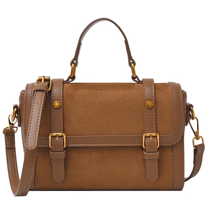 Cymwer Bolso bandolera grande de ante sintético con solapa para mujer (marrón claro)