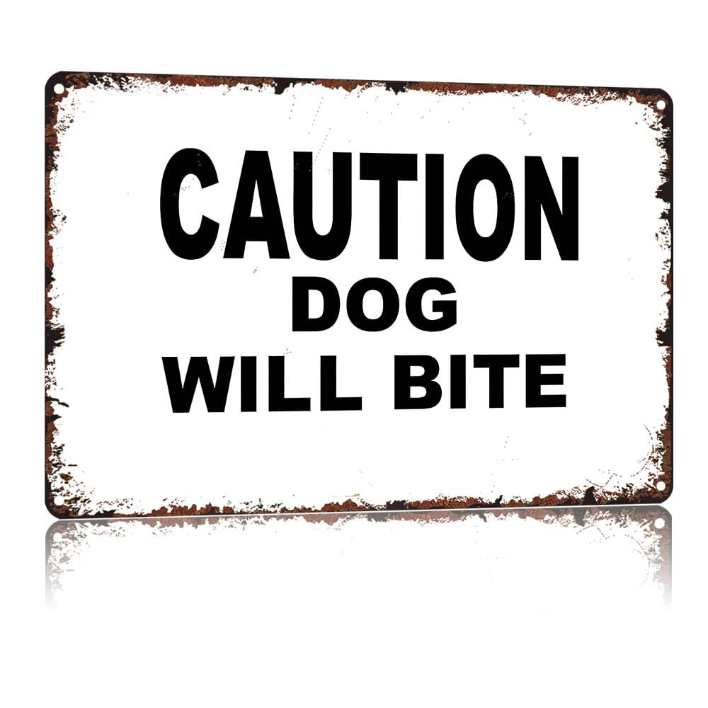 peiyeety Caution Dog Will Bite Vintage Aluminum Metal Sign, 12X8in Wall Decorative Sign, Retro Distressed Style Tin Sign for Home Garden Fence Yard Garage Outdoor Decor