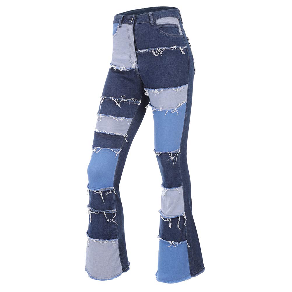 THUNDER STARWomen Patchwork Flare Jeans Stretch High Waisted Bell Bottom Raw Hem Denim Pants